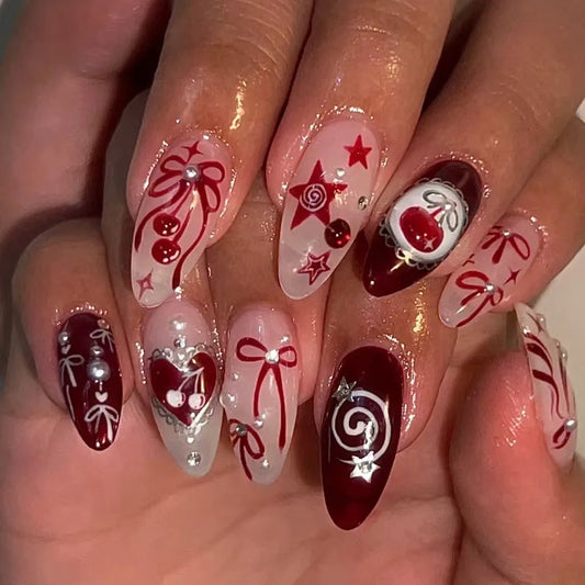 24pcs Sweet Cool Almond False Nails Y2k Red Ins Cherry Flower Bowknots Printed Press On Nails French Style Detachable Fake Nail