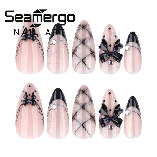 24PCS Sweet French Press on Nails Pink Almond Fake Nails with Bow Design Polka Dot Gold Bead Details Elegant Romantic Nail Art