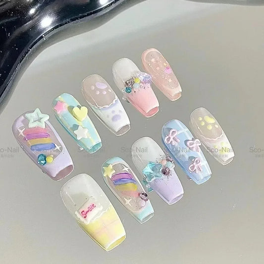 Candy Pudding Handmade Wearable Nails Sweet Cute Nail Art Patch Removable Bow Star Summer French Fake Nails