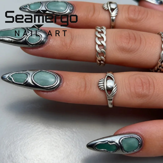24PCS Metallic Fake Nails Dark Bluel Chrome Edgy Design False Nails with Luxury European Aurora Spicy Cool Style Press on Nails