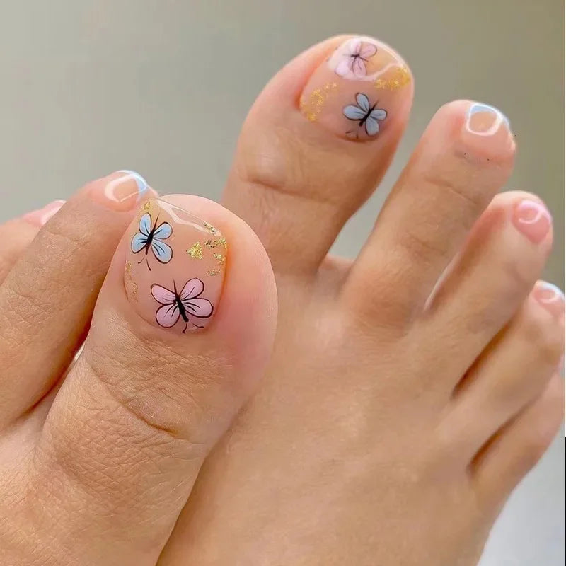 Simple White French Artificial Toenails Shiny Rhinestones Toe False Nails with Glue Wearable Short Flat Shape Fake Toenails