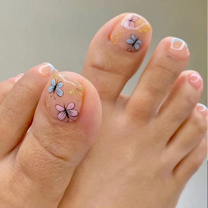 Simple White French Artificial Toenails Shiny Rhinestones Toe False Nails with Glue Wearable Short Flat Shape Fake Toenails