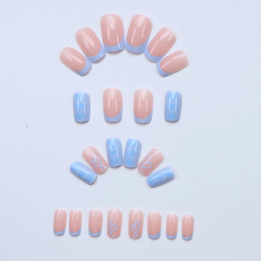 24pc Medium Square Blue French Fake Nails, Hearts on Nails Detachable And Reusable Jelly Glue 1pc Cuticle Pusher