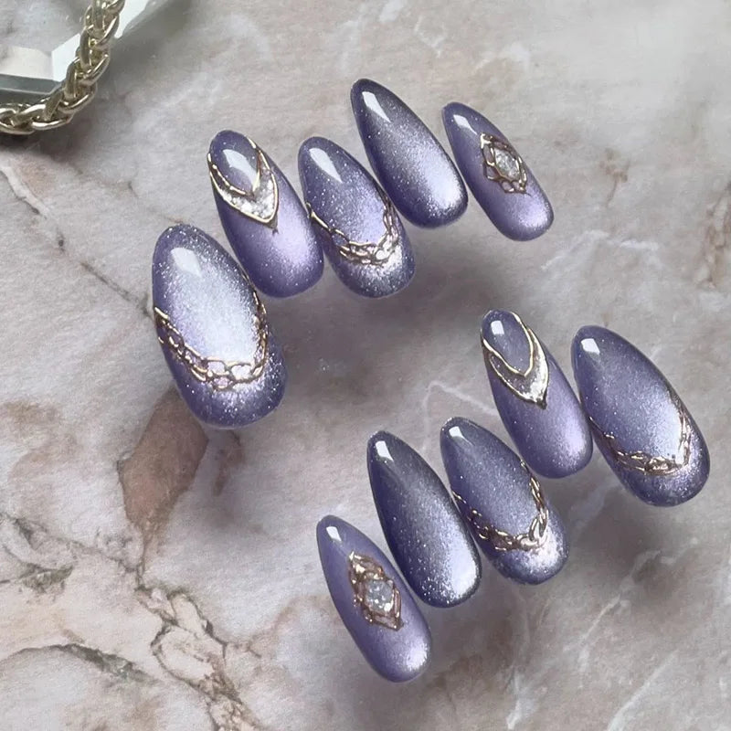 24Pcs Light Blue Smudge Fake Nails Press on Almond Gold Leaf Removable Long Full Cover Nail Tips Wearable Finished Nail Art