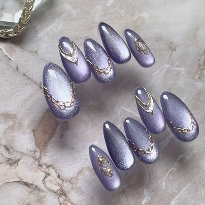 24Pcs Light Blue Smudge Fake Nails Press on Almond Gold Leaf Removable Long Full Cover Nail Tips Wearable Finished Nail Art