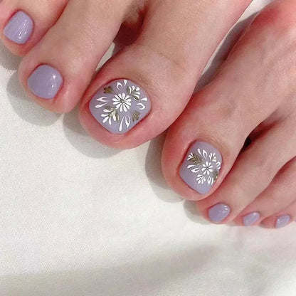 Simple White French Artificial Toenails Shiny Rhinestones Toe False Nails with Glue Wearable Short Flat Shape Fake Toenails