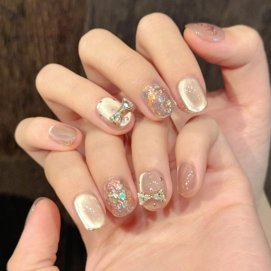 10Pcs Cat's Eye Sequin Press on False Nails Pink Polka Dot Bow Rhinestone Handmade Fake Nail Short Square Reusable Manicure Tips