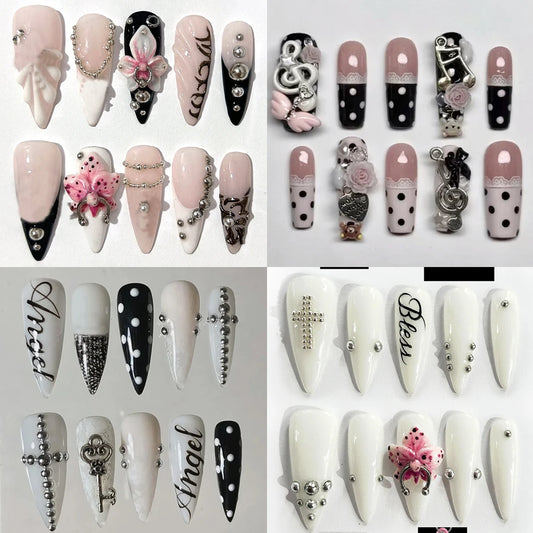 10Pcs Y2K Stiletto 3D Flower Punk Bolt Press On Nails English Letters Steel Ball Fashion High-End Handmade Fake Nails