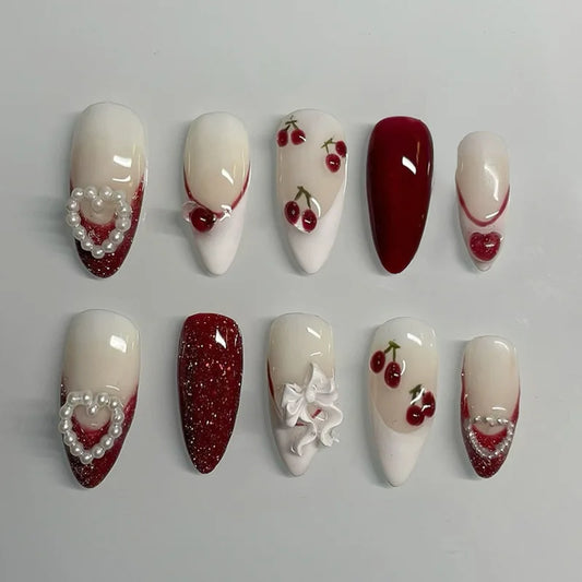 24Pcs Mid-length French Almond Fake Nail Reusable 3D Bow Heart Pearl Full Cover Nail Tip Cherry Shiny Powder Press on False Nail