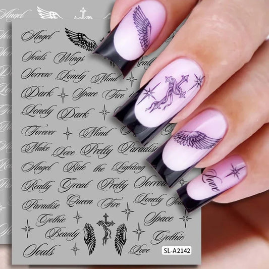 Black and White Letter Words Nail Stickers - Angel Wings letter Mixed Designs Holographic Y2K Nail Decals Simple DIY Nails Art