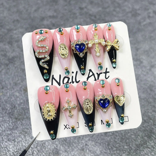 10Pcs Long Stiletto Handmade Fake Nails Tips Vintage Snake Metal Decorative French Spice Acrylic Nails Full Cover Press on Nail