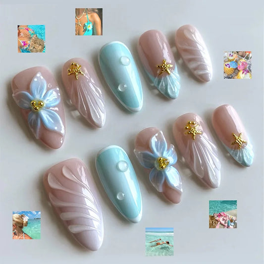 24Pcs Mid-length French Almond Press on Nails Tips 3D Flower Starfish French Fake Nails White Gradient Wearable False Nails Art
