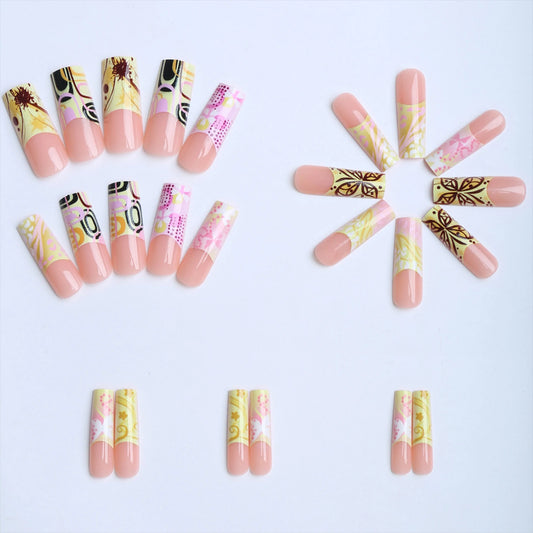 24pcs French Print False Nails Ins Style Patterns Reusable Press On Nails Wearable Full Cover Nails Tips Acrylic Nail Tips