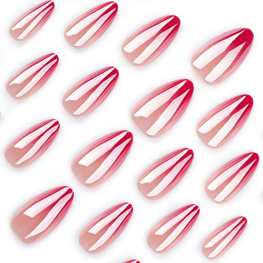 INS Simple Almond False Nails 24pcs Glossy Aurora Gradient Red Fake Nail Tips Wearable Fashion Sweet Korean Press on Nails
