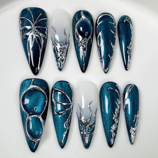 10pcs Blue Press on Nails Tips Acrylic Nails with Rhinestone Design Long Almond Fake Nail Wearable Spicy Girl False Nail Sets