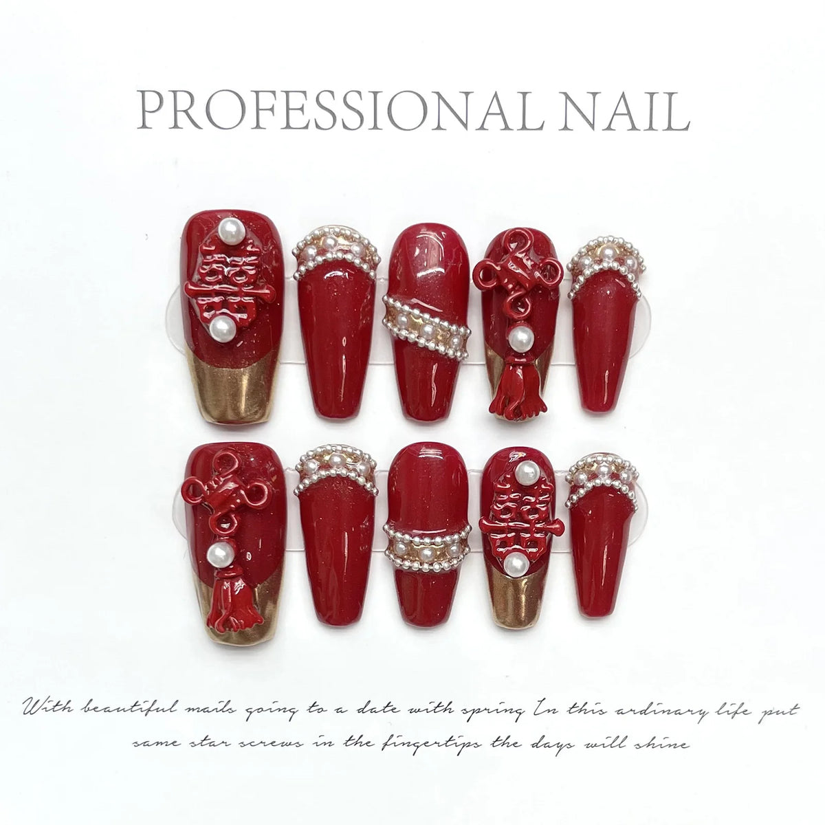 10pcs Chinese Retro Handmade False Nails Luxury Dragon Phoenix Colorful Diamond Gold Chain Decor Press On Nails Charms Manicure