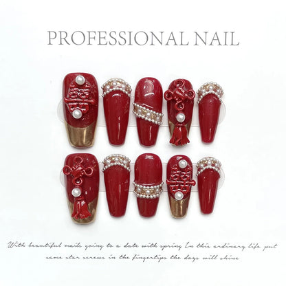 10pcs Chinese Retro Handmade False Nails Luxury Dragon Phoenix Colorful Diamond Gold Chain Decor Press On Nails Charms Manicure