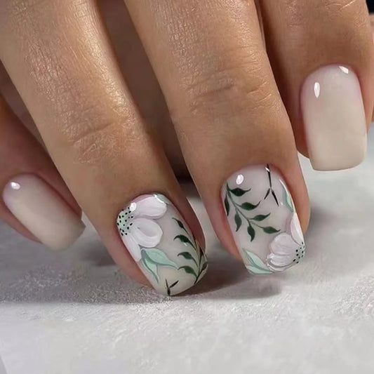 24Pcs Sping Summer Flower Fake Nails with Green Leaves Design Short Square False Nails Wearable Acrylic Finished Press on Nails