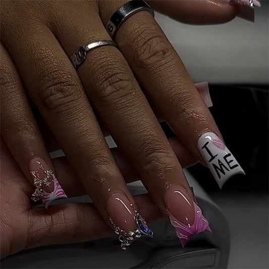 24pcs Flash Diamond False Nails Pink Zebra-Print French Style Press On Nails Star Chain Decor Y2k Valentine's Day Fake Nail