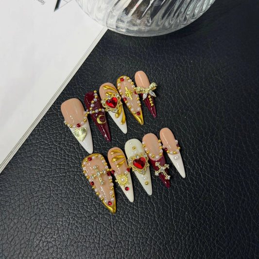 10Pcs Retro Long Handmade Nail Tips Art Golden French Designs Light Luxury Wearing Press on Nails Exquisite Acrylic False Nails