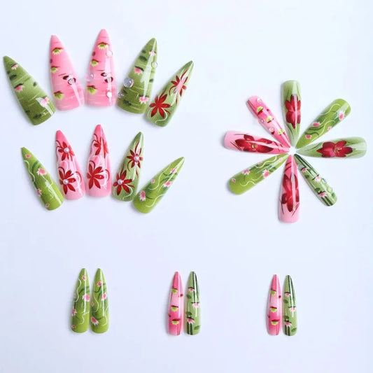 24PCS Stiletto Shape Fake Nails Artistic Color Block Floral Press on Nails Rainbow Dopamine Design European Luxury False Nails