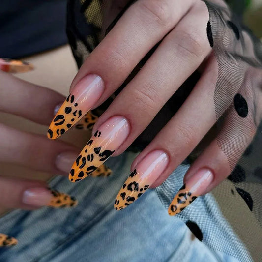 24pcs Dark False Nails 3D Cherry Press on Nails Simple Leopard Pattern Fake Nail French Short Almond Stick on Nail Wearable Nail