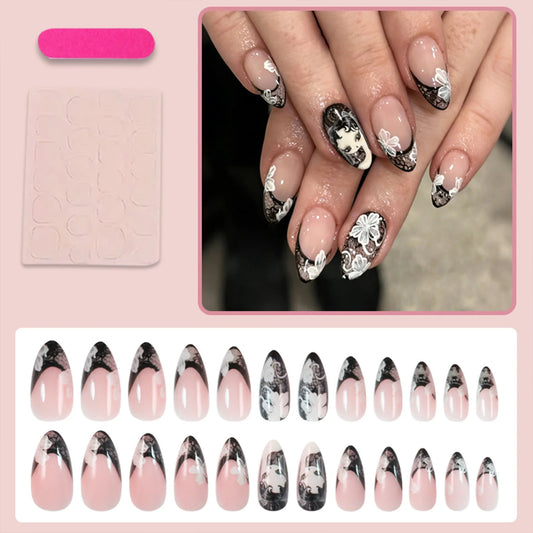 24pcs Gothic Style Almond False Nail White Flower Black Lace Butterfly French Style Press On Nails Spicy Girl Wearable Fake Nail