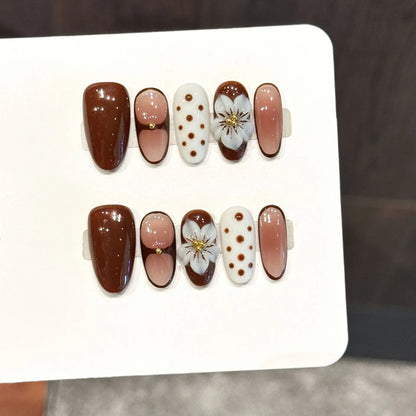 10pcs Handmade Press On Nails Black White Wave Point French Style Almond Fake Nails 3D White Carved Flower Decor False Nail Tips