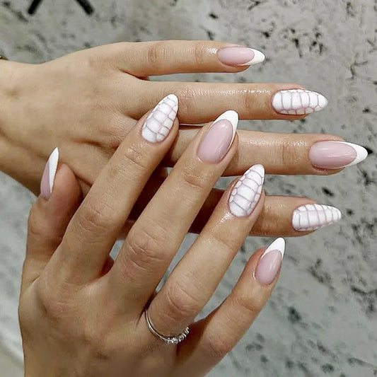 24Pcs False Nails Full Cover Pattern Pink White Removable Manicure Artificial Daily Press on Nails for Women Short Almond Nails
