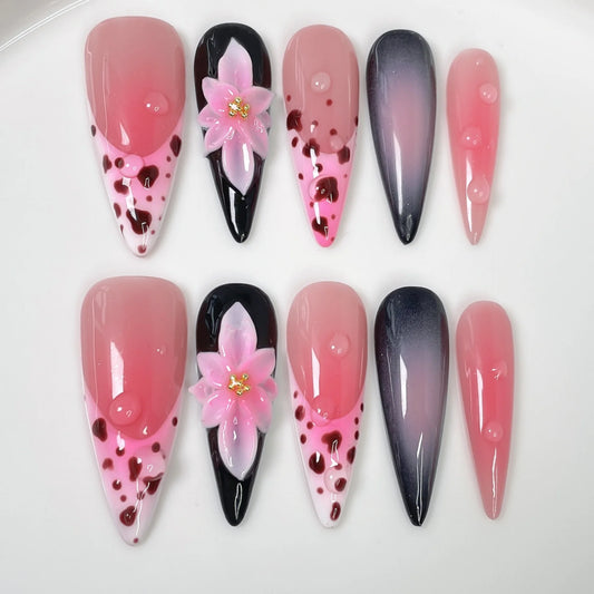 10pcs Gradient Pink Handmade Press on Nails Art Flower Design Long Stiletto Fake Nail Tips Leopard Print French False Nails Sets