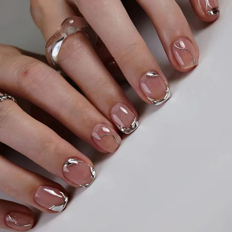 24Pcs Short Square Head Full Cover Nails Tips Silver Irregular French Design Fake Nails Detachable Finished Press on False Nails