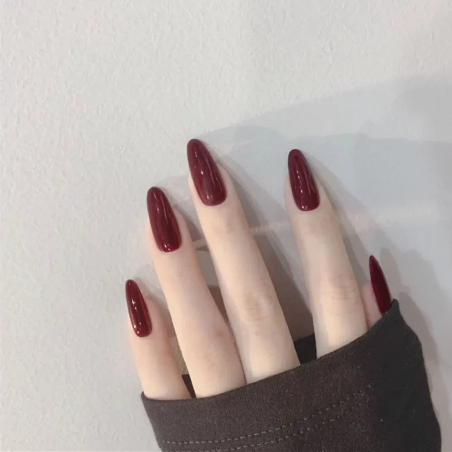 24pcs Long Almond Press on Nails Gold Bow Fake Nails Cherry Pattern False Nail Artificial Tips Накладные Ногти Uñas Postizas 네일팁