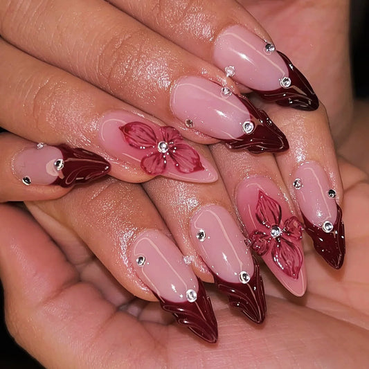 3D fake nails for women girls french style dark red nude almond shape embossed flowers with rhinestones press on false nail art