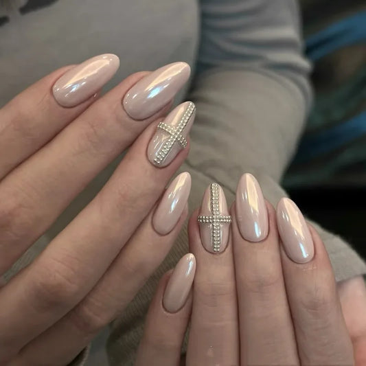 New 10PCS Pink French Handmade Short Armor Fake Press On Nails with Cross Diamond Decoration Hailey Nail Art Simple Fashion
