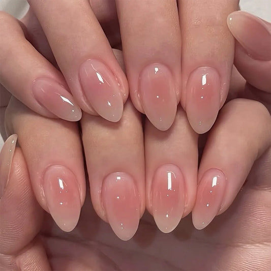 24Pcs Short Oval Head Blush Pink Press on Nails with Simple Designs Almond Nails Wearable Acrylic Full Cover Nail Tips with Glue