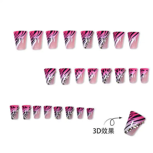 24PCS Pink Leopard Print French Press on Nails Simple Duckbill False Nails Sweet Cool Diamonds Duck Nails Wearable Manicure Tips