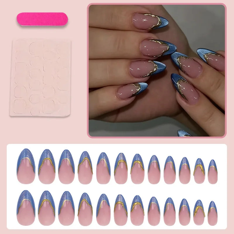 24Pcs False Nails Gold-Plated French Manicure Blue Cat-Eye and Nude-Colored Press-On Nails—Perfect As A Gift for Girl and Friend