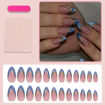 24Pcs False Nails Gold-Plated French Manicure Blue Cat-Eye and Nude-Colored Press-On Nails—Perfect As A Gift for Girl and Friend