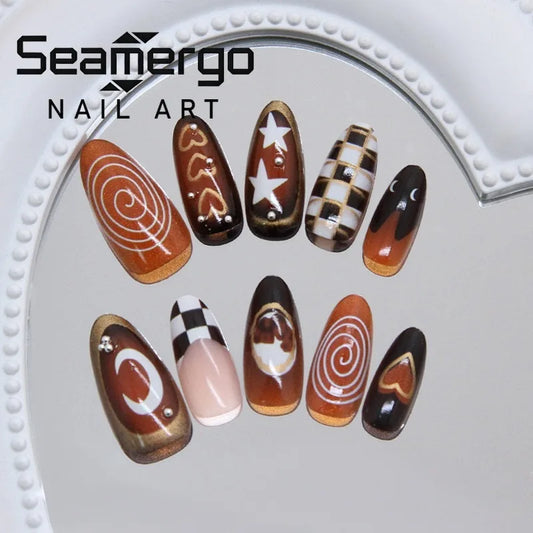 24PCS Black Moon Star Fake Nails with Brown Plaid Golden Whirl Heart Almond Press on Nails Sweet Cool French for Women Removable