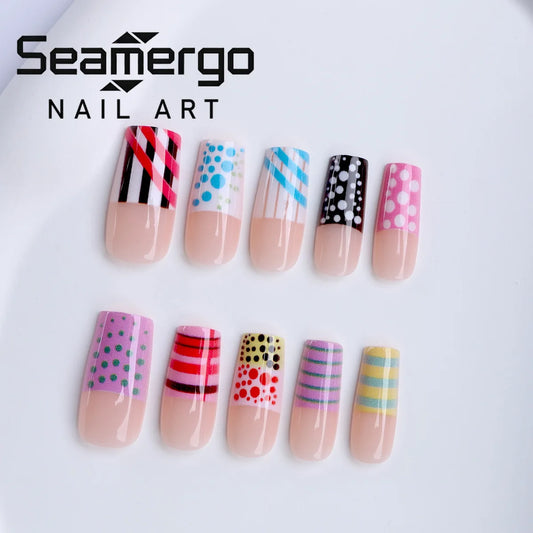 24PCS Y2K False Nails Square Multicolor French Polka Dot Striped Pattern Fake Nail Funky Style Reusable Press on Nails for Women