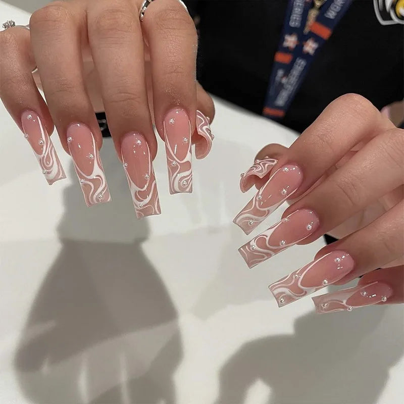 24Pcs Long Square Head French Fake Nail Tips 3D Love Heart Design Press on Nails with Rhinestone Pattern Wearable False Nail Art