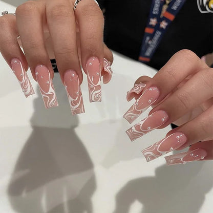 24Pcs Long Square Head French Fake Nail Tips 3D Love Heart Design Press on Nails with Rhinestone Pattern Wearable False Nail Art