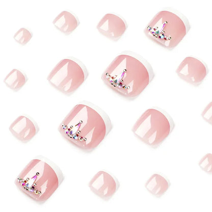 Simple White French Artificial Toenails Shiny Rhinestones Toe False Nails with Glue Wearable Short Flat Shape Fake Toenails