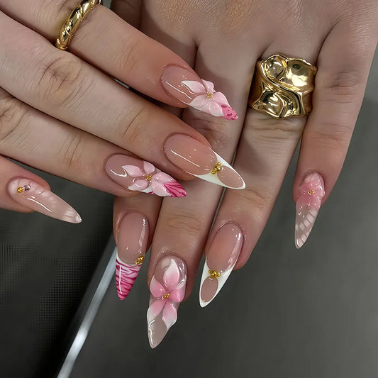 24pcs Finished Long Almond Press on Nails Tips French Gradient Pink Tips False Nail Art Detachable with Flower Design Fake Nails