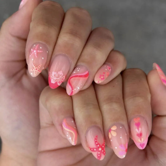 24Pcs Short French Almond Press on False Nails with Flower starfish heart Design Fake Nail Reusable Round Full Cover Nails Tips