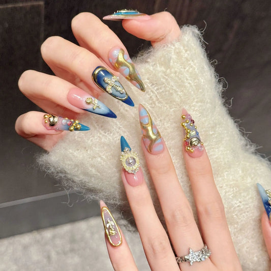 10PCS Stiletto Handmade Press On Nails,Pink Gold Edict Retro Style,Suitable For Festivals Parties And Daily Wear.