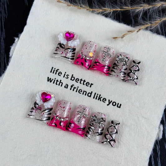10pcs high-end Sweet and cool girl style, hand-painted zebra pattern, vibrant graffiti, shiny sparkly diamonds handmade fake