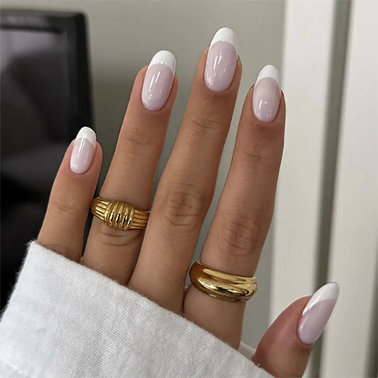 24pcs French White Fake Nails Simple Nude Pink Design Short Almond False Nail Sets Datachable Oval Press on Nails Tips Finished
