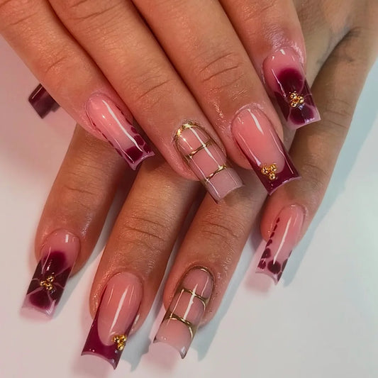 24pcs Finished Ballet Stick on Fake Nails Sets Colorful Stripe Gradient Square Press on Nails Rhinestone Mid-length False Nail