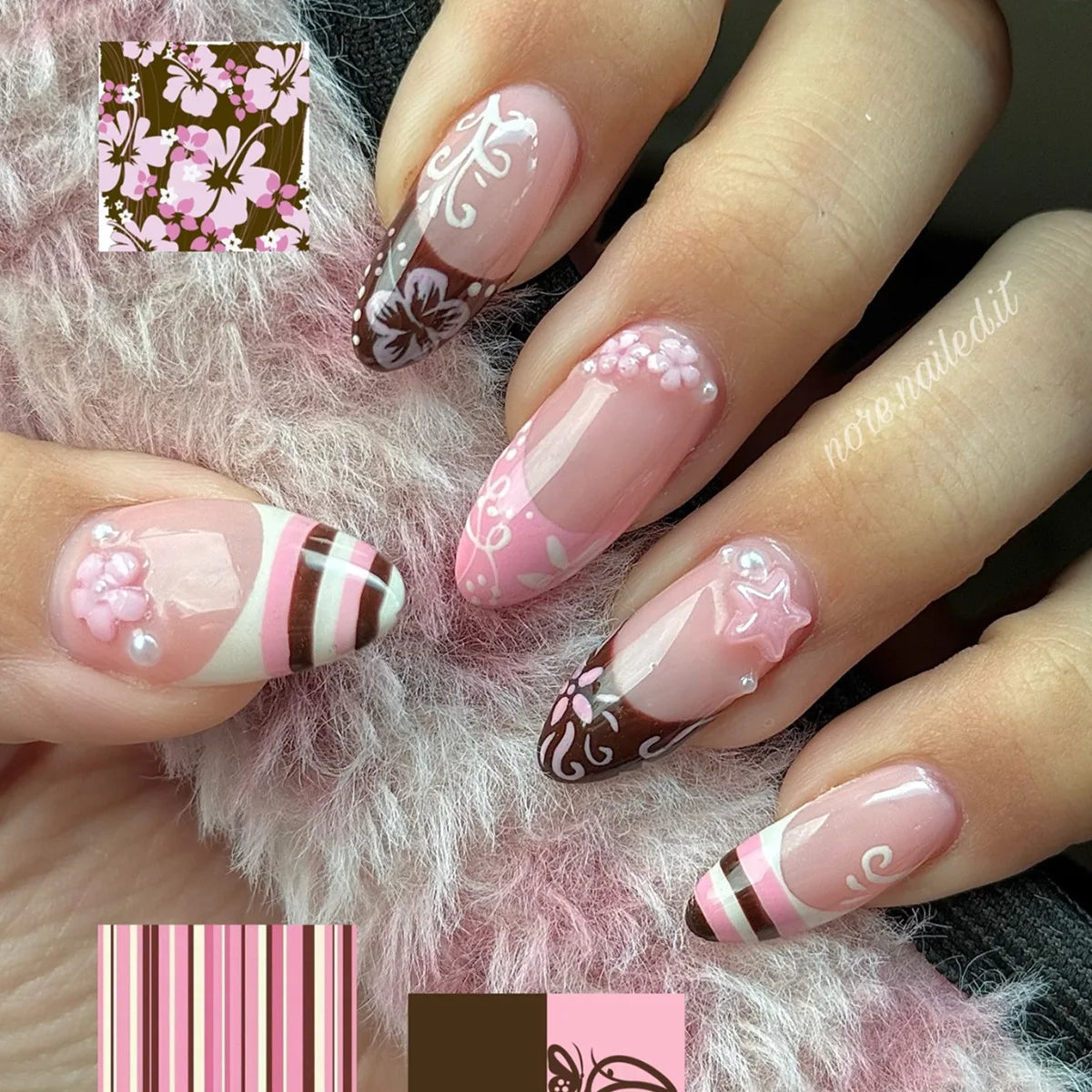 24pcs Blue Glitter Press on Nails Tips Butterfly Lines Design Nails White French Long Almond Fake Nail Sets Wearable False Nail